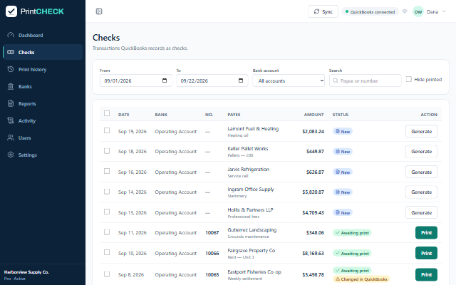 PrintCHECK register with imported bill payments
