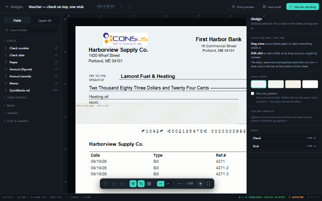 PrintCHECK check designer with fields placed over a check scan