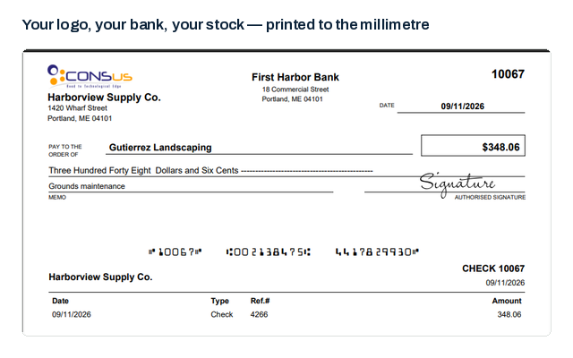 A check printed by PrintCHECK with the MICR line along the bottom