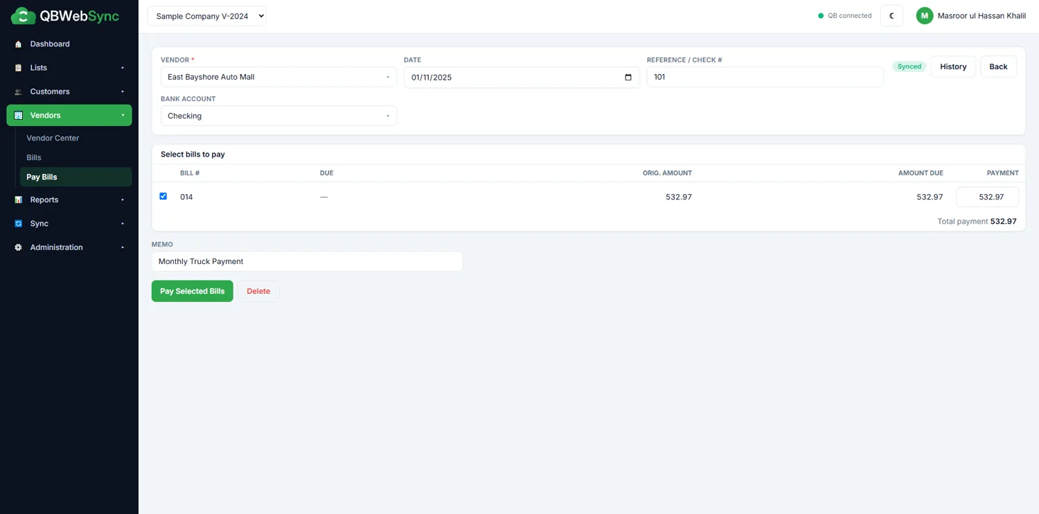 QBWebSync pay bills screen
